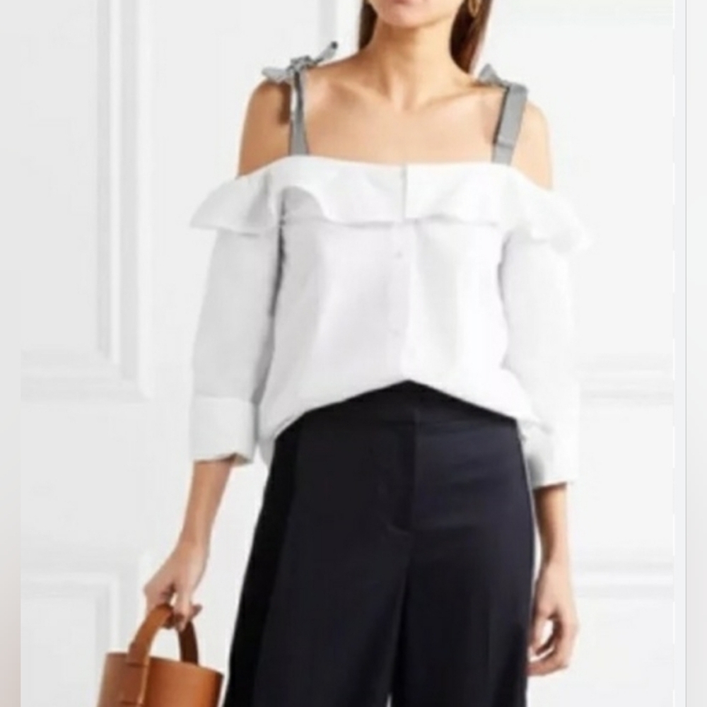 J. CREW Cold Shoulder Poplin Top With Striped bow straps to tie Size Small